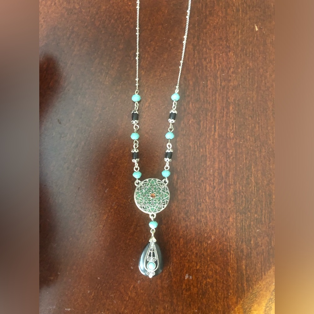 Vintage Delicate Turquoise Black and Silver Filigree Pendant Necklace - Picture 4 of 4